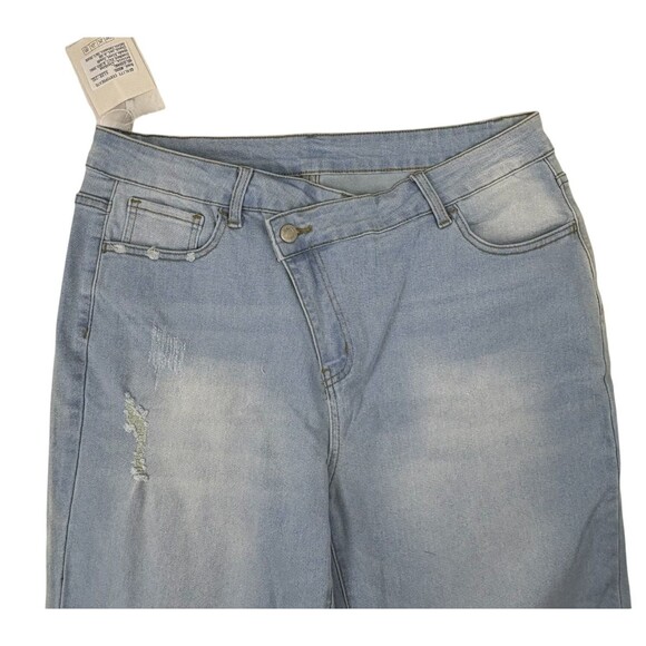 NWT Mekool Fashion Jeans Wide Leg Frayed Cuff Distressed Washed Denim 36 waist - Picture 2 of 16